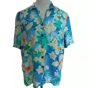 Kriss Kross Hawaiian Shirt Blouse Size 12 Silk Multicolor Floral Short Sleeve